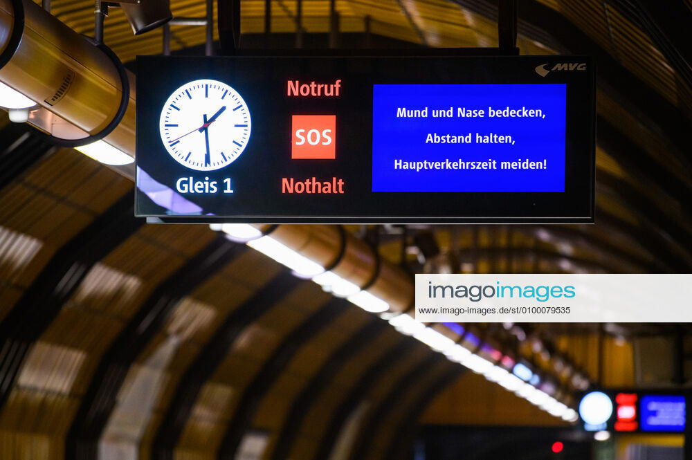 (200428) -- MUNICH, April 28, 2020 (Xinhua) -- A screen notifying passengers to cover their mouths and noses, keep distance and avoid traveling during rush hours is seen at a subway station in Munich, Germany, April 27, 2020. In most German states, face masks or an equivalent mouth-and-nose cover have become mandatory on Monday when people travel by bus or train or go shopping. (Photo by Kevin Voigt Xinhua) GERMANY-MUNICH-COVID-19-FACE MASK