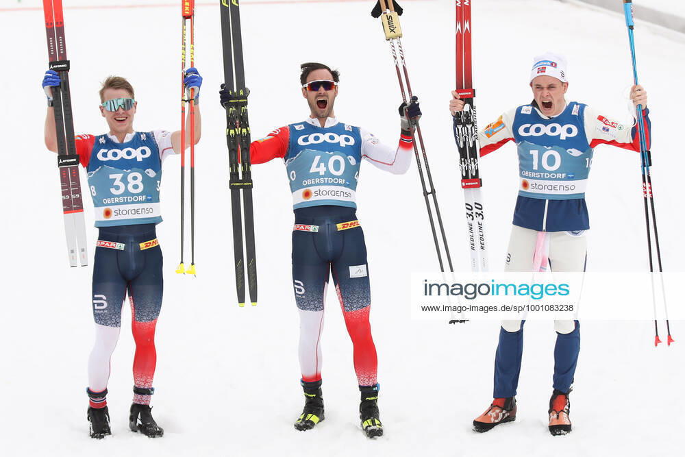 NORDIC SKIING - FIS Nordic World Ski Championships Oberstdorf 2021 OBERSTDORF,GERMANY,03.MAR.21 - NORDIC SKIING, CROSS COUNTRY SKIING - FIS Nordic World Ski Championships, 15km free, men. Image shows the rejoicing of Simen Hegstad Krueger, Hans Christer Holund and Harald Oestberg Amundsen (NOR). GEPAxpictures xChristianxWalgram