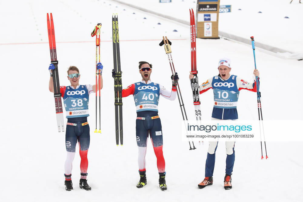NORDIC SKIING - FIS Nordic World Ski Championships Oberstdorf 2021 OBERSTDORF,GERMANY,03.MAR.21 - NORDIC SKIING, CROSS COUNTRY SKIING - FIS Nordic World Ski Championships, 15km free, men. Image shows the rejoicing of Simen Hegstad Krueger, Hans Christer Holund and Harald Oestberg Amundsen (NOR). GEPAxpictures xChristianxWalgram