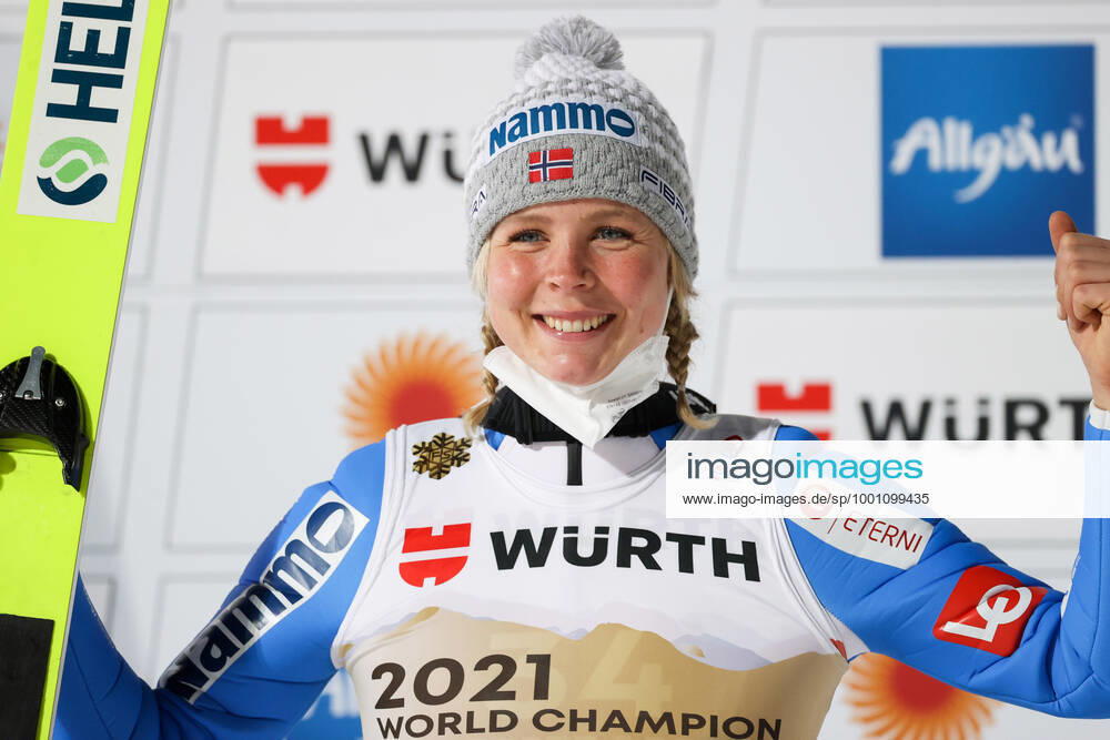 NORDIC SKIING - FIS Nordic World Ski Championships Oberstdorf 2021 OBERSTDORF,GERMANY,03.MAR.21 - NORDIC SKIING Ski jumping, Skispringen, Ski, nordisch - FIS Nordic World Ski Championships, large hill, ladies. Image shows the rejoicing of Maren Lundby (NOR). GEPAxpictures xChristianxWalgram