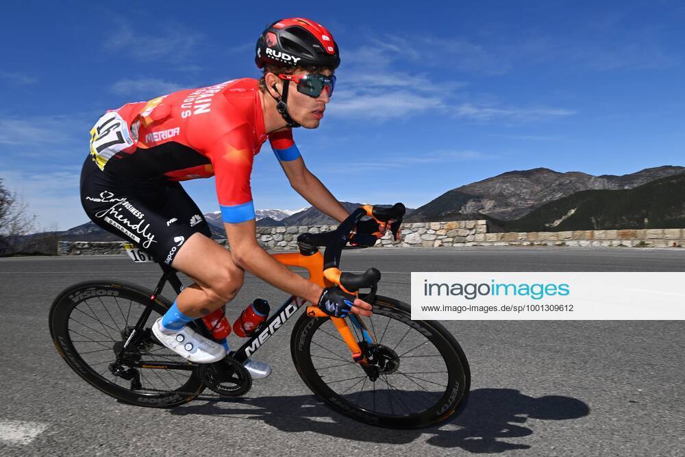 VALDEBLORE LA COLMIANE, FRANCE - MARCH 13 : MADER Gino (SUI) of Bahrain - Victorious in action during stage 7 of the 79th edition of the 2021 Paris - Nice cycling race, a stage of 119,2 kms between Le Broc and station Valdeblore La Colmiane on March 13, 2021 in Valdeblore La Colmiane, France, 13 03 2021 CYCLISME : Paris - Nice 2021 - Etape 7 - Le Broc a station Valdeblore La Colmiane - 13 03 2021 Photonews Panoramic