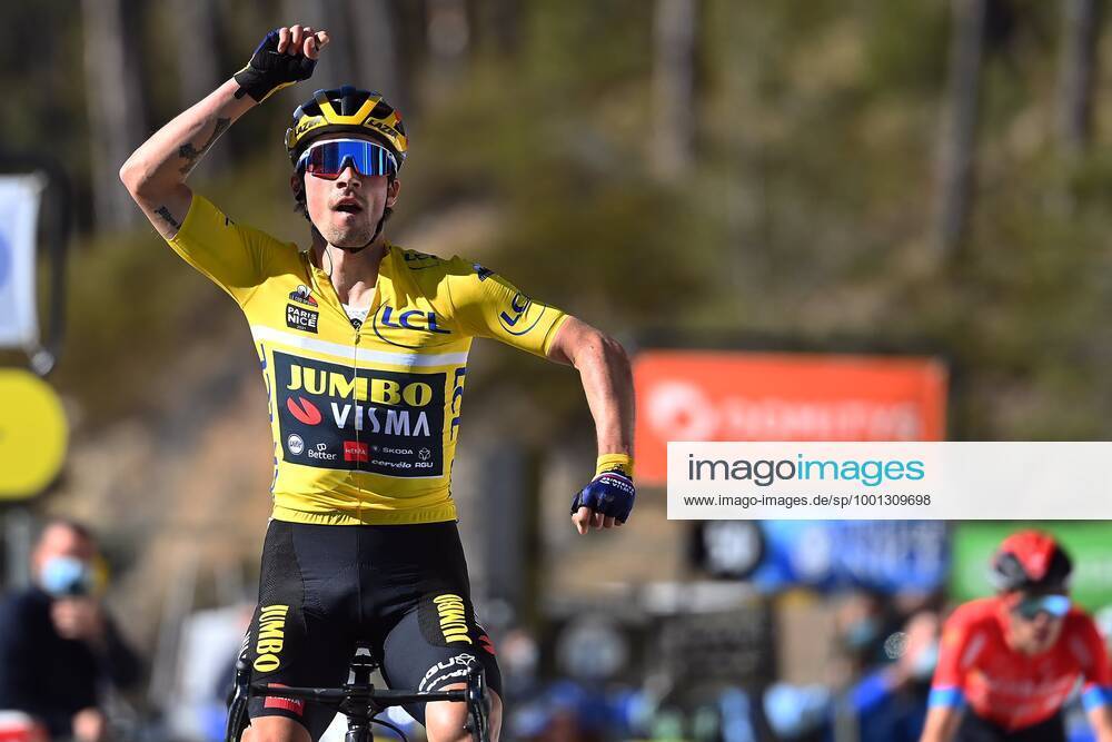 VALDEBLORE LA COLMIANE, FRANCE - MARCH 13 : ROGLIC Primoz (SLO) of Team Jumbo-Visma celebrates the victory before MADER Gino (SUI) of Bahrain - Victorious during stage 7 of the 79th edition of the 2021 Paris - Nice cycling race, a stage of 119,2 kms between Le Broc and station Valdeblore La Colmiane on March 13, 2021 in Valdeblore La Colmiane, France, 13 03 2021 CYCLISME : Paris - Nice 2021 - Etape 7 - Le Broc a station Valdeblore La Colmiane - 13 03 2021 Photonews Panoramic