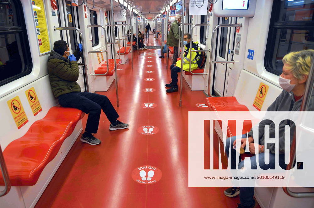 Milan, coronavirus emergency, subway of line 1 with placeholders for social distance as safety for travelers (Maurizio Maule Fotogramma, Milan - 2020-04-28) p.s. la foto e utilizzabile nel rispetto del contesto in cui e stata scattata, e senza intento diffamatorio del decoro delle persone rappresentate