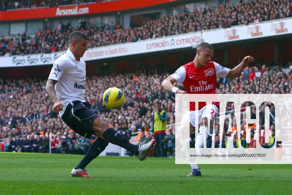 Football - Premier League - Arsenal FC London vs. Tottenham Hotspur - Tottenham s Kyle Walker blocks a cross from Arsenal s Kieran Gibbs at the Emirates Stadium