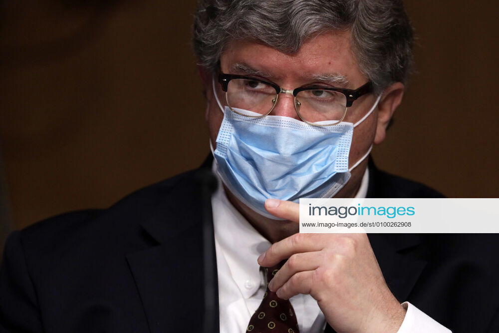 The Honorable Brian Miller adjusts his mask as he testifies during a confirmation hearing before Senate Committee on Banking, Housing, and Urban Affairs May 5, 2020 at Dirksen Senate Office Building on Capitol Hill in Washington, DC. Brian Miller will become Special Inspector General for Pandemic Recovery at the U.S. Department of the Treasury if confirmed. .Credit: Pool via CNP Washington USA - ZUMAs152 20200505_zaa_s152_292