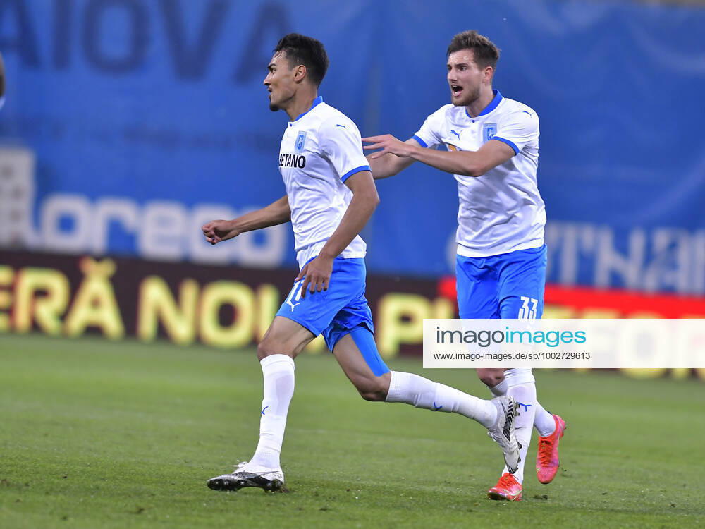 Stefan Baiaram enjoys after a goal scored with Mihai Cristian Capatina in the football match between Universitatea Craiova and CFR Cluj, counting for the Play off of League 1 Casa Pariurilor, played without spectators on Ion Oblemenco Stadium in Craiova, Saturday, May 15, 2021 Craiova