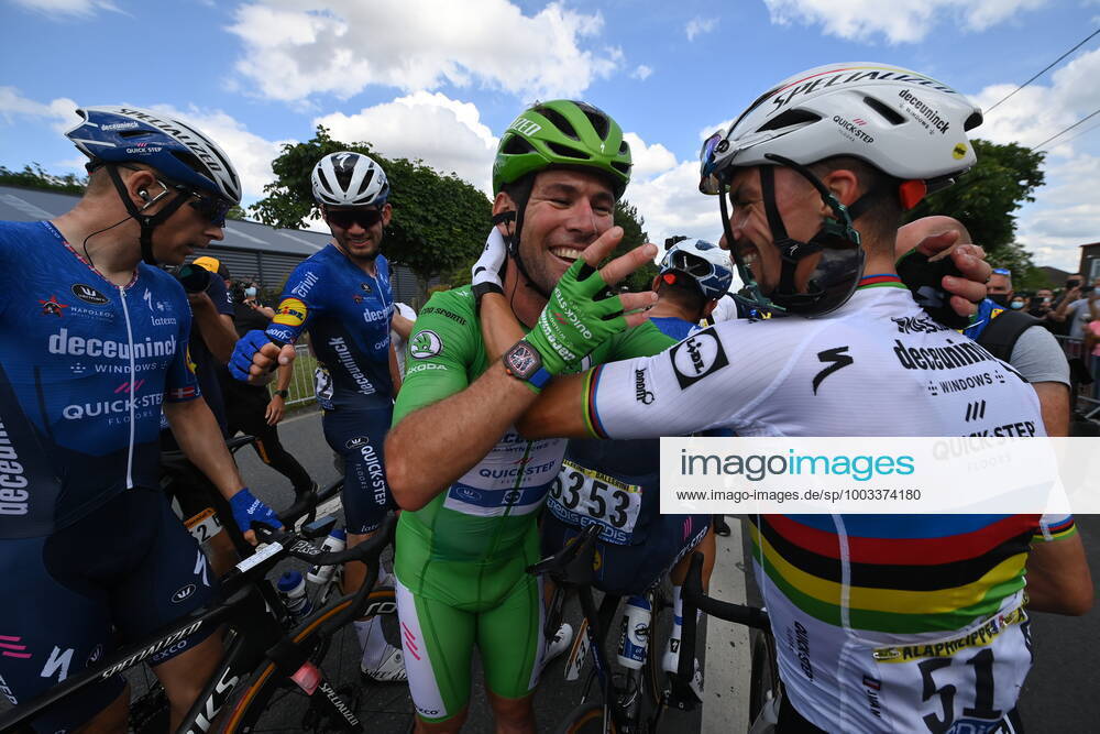 British Mark Cavendish of Deceuninck - Quick-Step and French Julian Alaphilippe of Deceuninck - Quick-Step celebrate after winning the sixth stage of the 108th edition of the Tour de France cycling race, 160,6km from Tours to Chateauroux, France, Thursday 01 July 2021. This year s Tour de France takes place from 26 June to 18 July 2021. POOLxDAVIDxSTOCKMAN x3024864x