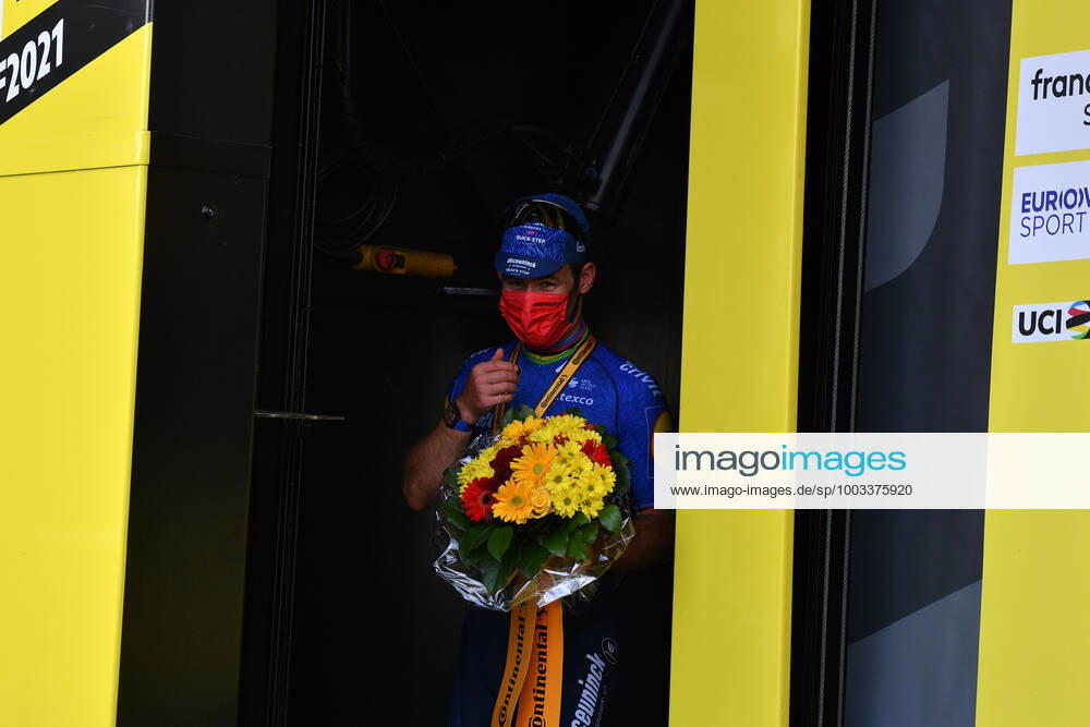 British Mark Cavendish of Deceuninck - Quick-Step celebrates on the podium after winning the sixth stage of the 108th edition of the Tour de France cycling race, 160,6km from Tours to Chateauroux, France, Thursday 01 July 2021. This year s Tour de France takes place from 26 June to 18 July 2021. POOLxDAVIDxSTOCKMAN x3024968x