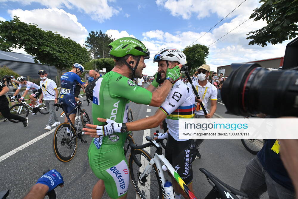 British Mark Cavendish of Deceuninck - Quick-Step and French Julian Alaphilippe of Deceuninck - Quick-Step celebrate after winning the sixth stage of the 108th edition of the Tour de France cycling race, 160,6km from Tours to Chateauroux, France, Thursday 01 July 2021. This year s Tour de France takes place from 26 June to 18 July 2021. POOLxDAVIDxSTOCKMAN x3024975x