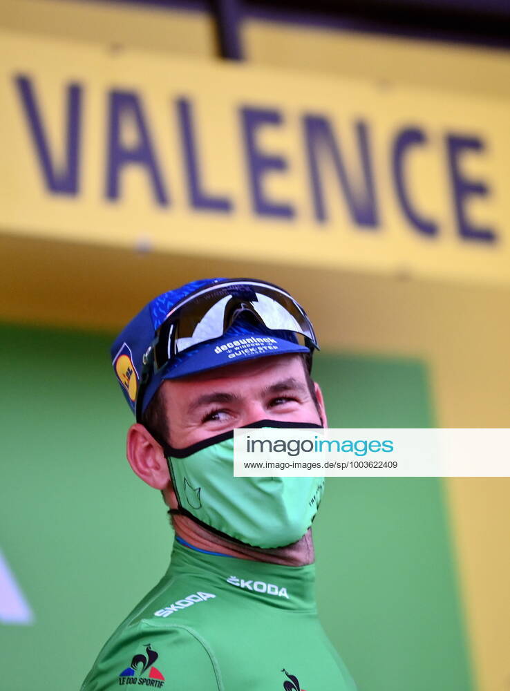 British Mark Cavendish of Deceuninck - Quick-Step celebrates on the podium in the green jersey of leader in the sprint ranking after stage 10 of the 108th edition of the Tour de France cycling race, 190,7 km from Albertville to Valence, France, Tuesday 06 July 2021. This year s Tour de France takes place from 26 June to 18 July 2021. DAVIDxSTOCKMAN x3028130x