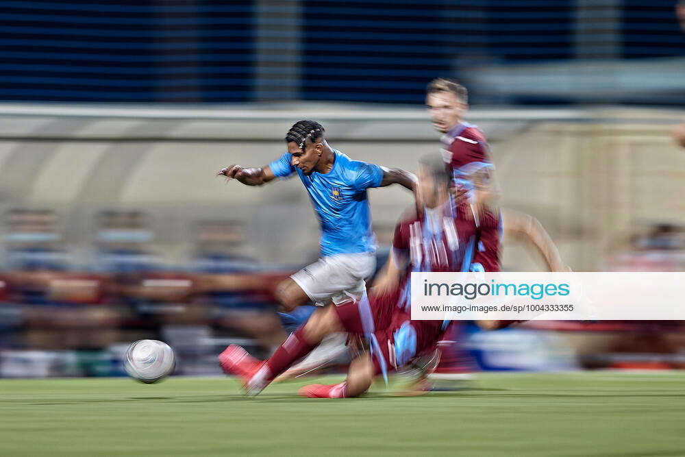 Jackson Mendoza (L) of Gzira United runs with the ball during the Second qualifying round, 1st leg soccer match, from the UEFA Europa Conference League between Gzira United and Rijeka at the Centenary Stadium in Ta Qali, Malta on 22 July 2021. Gzira United FC v HNK Rijeka UECL_21_22