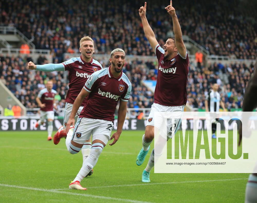 Football - Premier League - Newcastle United v West Ham United 15th August 2021 - Premier League - Newcastle United v West Ham United - Said Benrahma of West Ham United celebrates after scoring the second goal for his team, with Pablo Fornals. -Photo: Simon Stacpoole Offside. Newcastle-upon-Tyne UK