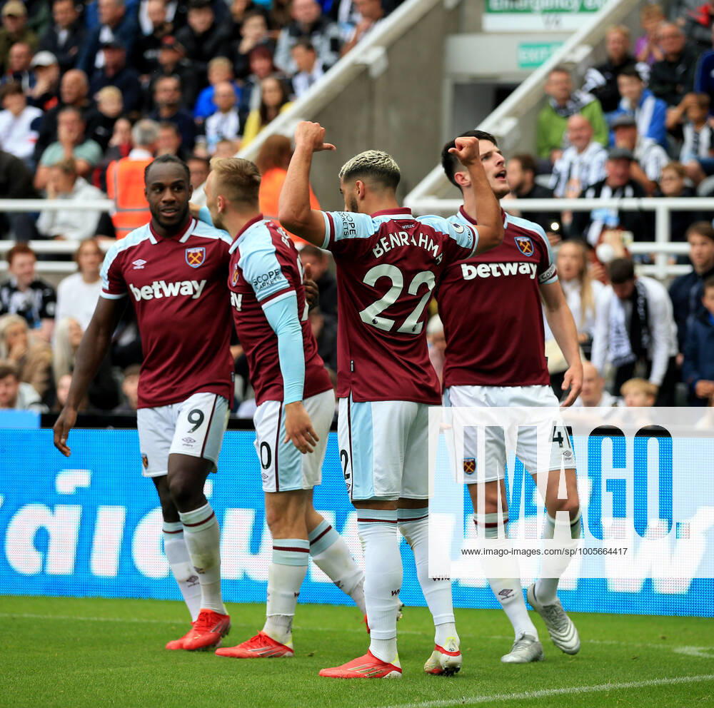 Football - Premier League - Newcastle United v West Ham United 15th August 2021 - Premier League - Newcastle United v West Ham United - Said Benrahma of West Ham United points to his name on the back of his jersey after scoring a goal - Photo: Simon Stacpoole Offside. Newcastle-upon-Tyne UK