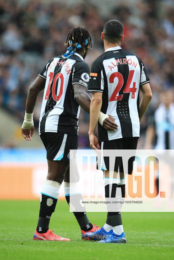 Football - Premier League - Newcastle United v West Ham United 15th August 2021 - Premier League - Newcastle United v West Ham United - Allan Saint-Maximin of Newcastle United stands alongside Miguel Almiron of Newcastle United - Photo: Simon Stacpoole Offside. Newcastle-upon-Tyne UK
