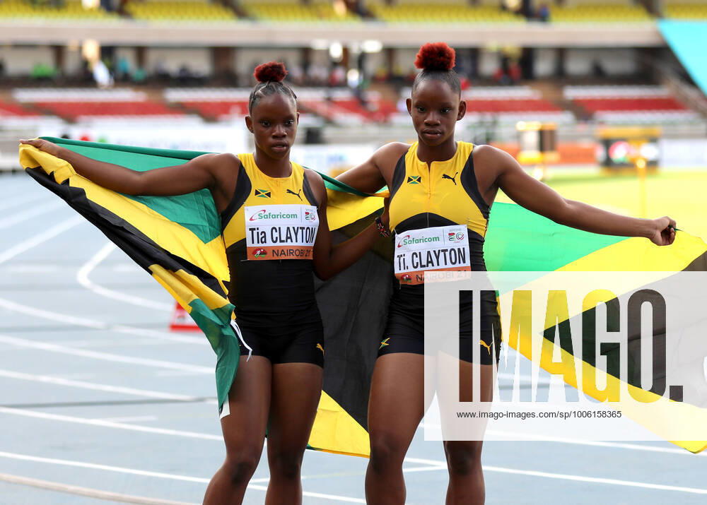 (210823) -- NAIROBI, Aug. 23, 2021 -- Tia Clayton (L) and Tina Clayton of team Jamaica pose after the women s 4x100m relay final at the 2021 World Athletics U20 Championships in Nairobi, Kenya, Aug. 22, 2021. ) (SP)KENYA-NAIROBI-WORLD ATHLETICS U20 CHAMPIONSHIPS-WOMEN S 4X100M RELAY FINAL DongxJianghui