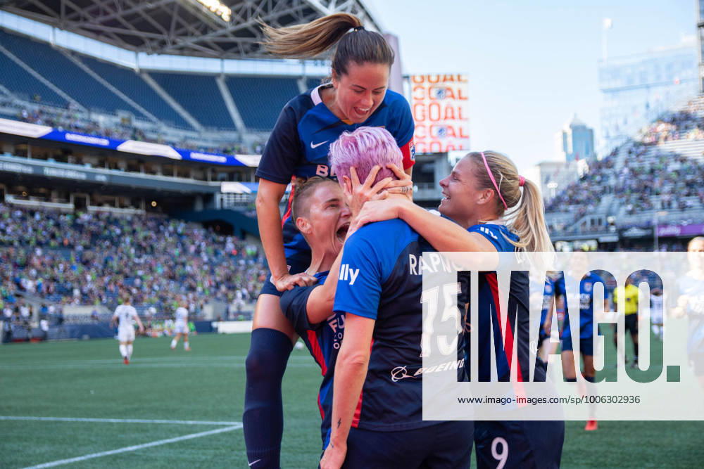 OL Reign celebrating with Megan Rapinoe (15 OL Reign) during the National Womens Soccer League game between OL Reign v Portland Thorns at Lumen Field in Seattle, Washington. National Womens Soccer League game between OL Reign v Portland T