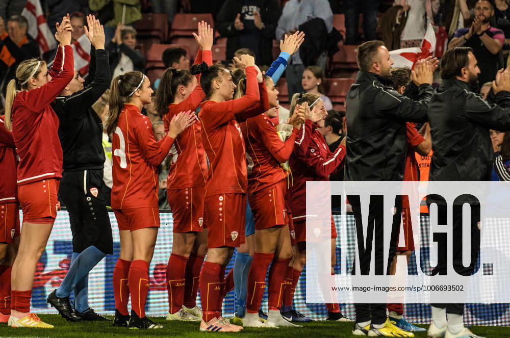 Players and staff of North Macedonia applaud the small amount of their fans who attended the Women?s World Cup Qualifier between England and North Macedonia at St Marys Stadium,Southampton UK Daniel Haswell