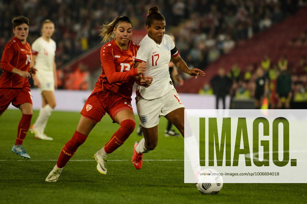 Nikita Parris (England 17) battles with the defender for possession of the ball during the Women?s World Cup Qualifier between England and North Macedonia at St Marys Stadium,Southampton UK Daniel Haswell