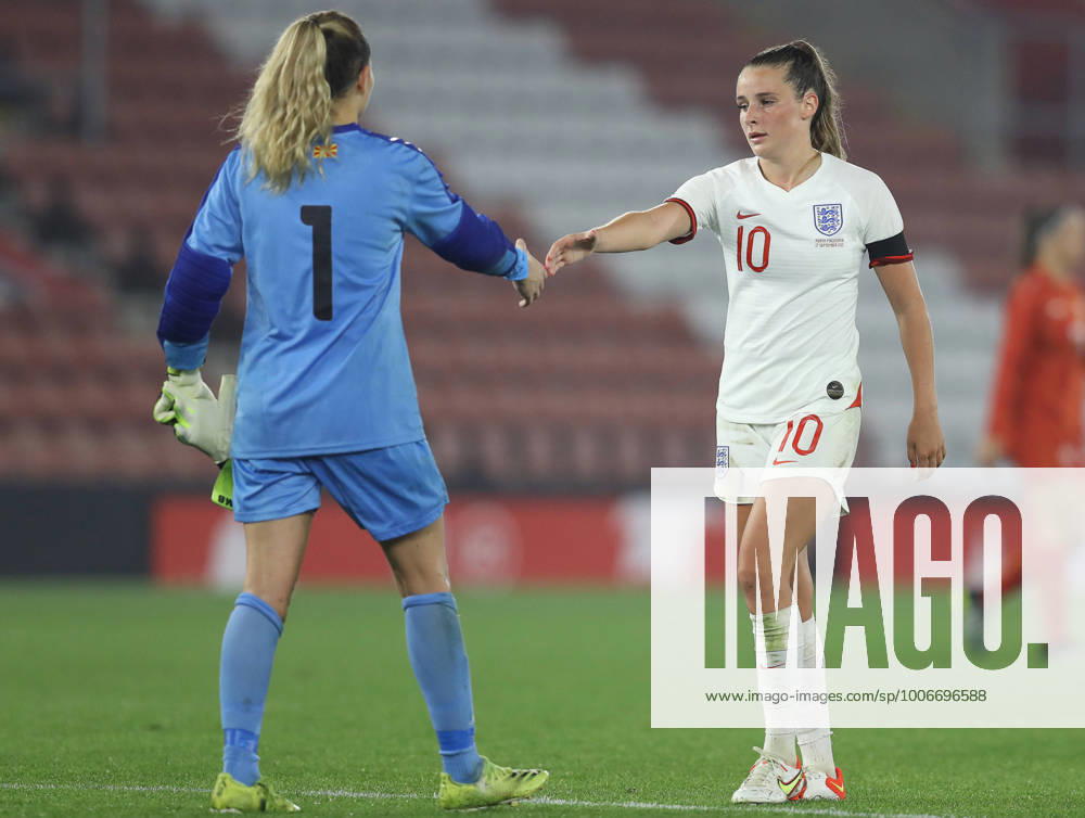 Southampton, England, 17th September 2021. Ella Toone of England shakes hands with Suarta Dervishi of North Macedonia after the FIFA 2023 Women s World Cup Qualifying match at St Mary s Stadium, Southampton. Picture credit should read: Paul Terry Sportimage . SPI-1202-0075
