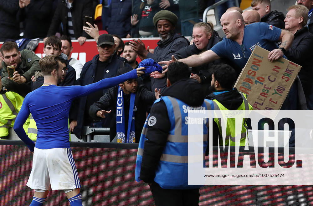 London, England, 24th October 2021. James Maddison of Leicester City gives his shirt to a fan after the Premier League match at Brentford Community Stadium, London. Picture credit should read: Paul Terry Sportimage . SPI-1269-0027