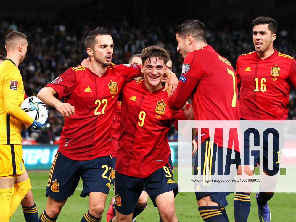 Greece v Spain 2022 FIFA World Cup, WM, Weltmeisterschaft, Fussball Qualifiers Pablo Sarabia , Gavi and Álvaro Morata of Spain celebrate during the 2022 FIFA World Cup Qualifiers Group B match at Olympic Stadium, Athens Content Not Available For UK Newspapers