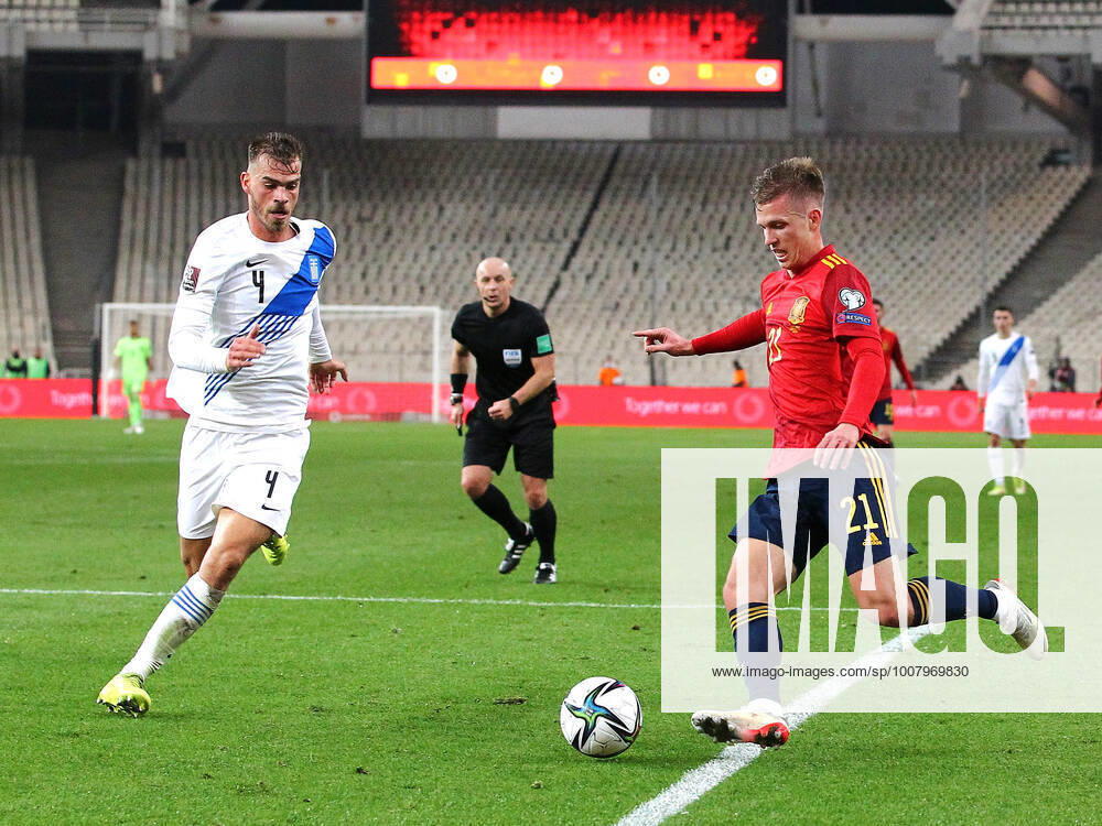 Greece v Spain 2022 FIFA World Cup, WM, Weltmeisterschaft, Fussball Qualifiers Dimitris Goutas of Greece and Dani Olmo of Spain during the 2022 FIFA World Cup Qualifiers Group B match at Olympic Stadium, Athens Content Not Available For UK Newspapers