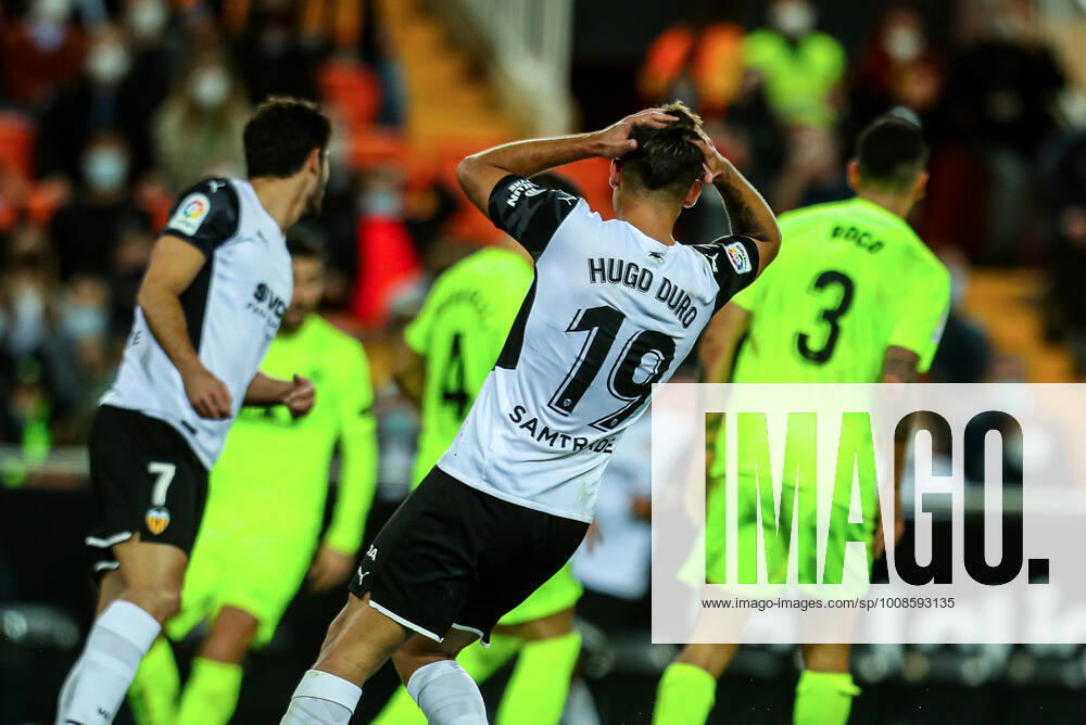 Hugo Duro of Valencia laments during the Santander League match between Valencia CF and Elche CF at the Mestalla Stadium on December 11, 2021, in Valencia, Spain. VALENCIA SPAIN - ZUMAa181 20211211_zaa_a181_099