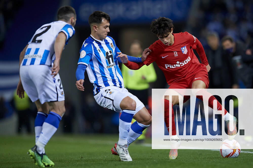 Real Sociedad v Atletico de Madrid - Copa Del Rey Joao Felix of Atletico Madrid and Martin Zubimendi of Real Sociedad compete for the ball during the Copa del Rey match between Real Sociedad and Club Atletico de Madrid at Reale Arena on January 19, 2022 in San Sebastian, Spain. San Sebastian Guipuzcua Spain