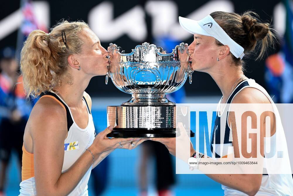 KW04 Mandatory Credit: Photo by James Gourley Shutterstock (12778011y) Barbora Krejcikova and Katerina Siniakova celebrate winning the Womens Doubles final Australian Open, Day Fourteen, Tennis, Melbourne Park, Melbourne, Australia - 30 Jan 2022 Australian Open, Day Fourteen, Tennis, Melbourne Park, Melbourne, Australia - 30 Jan 2022