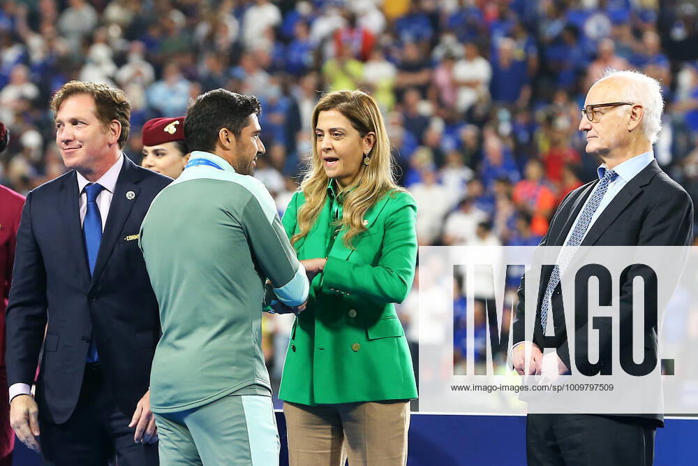 12th February 2022; Mohammed Bin Zayed Stadium, Abu Dhabi, UAE; Club World Cup Final, Chelsea versus Palmeiras; Manager of Palmeiras Abel Ferreira and Leila Pereira, President of Palmeiras ActionPlus12363956 DiaEsportivo Content restricted for UK based newspaper