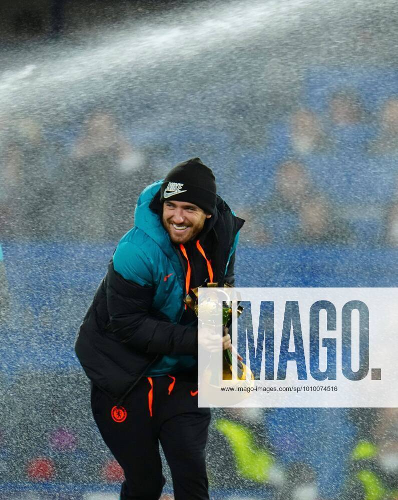 KW08 Mandatory Credit: Photo by Javier Garcia Shutterstock (12817772n) Ben Chilwell of Chelsea gets sprayed by the sprinkler as he parades the Club World Cup before kick off Chelsea v Lille, UEFA Champions League, Round of 16, First Leg, Football, Stamford Bridge, London, UK - 22 Feb 2022 Chelsea v Lille, UEFA Champions League, Round of 16, First Leg, Football, Stamford Bridge, London, UK - 22 Feb 2022