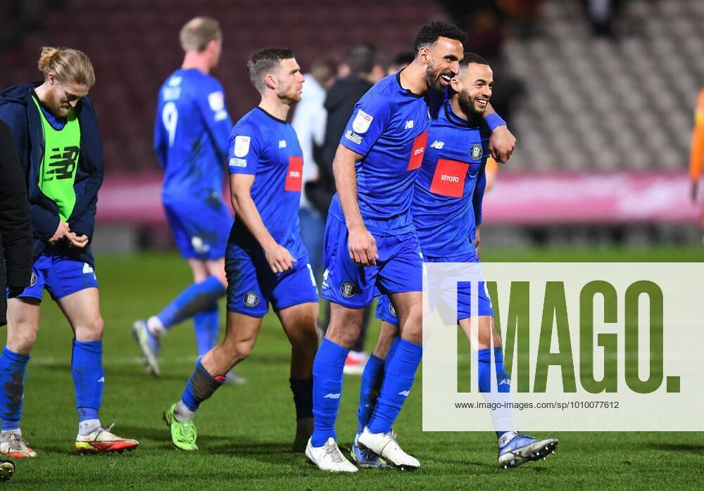 Mandatory Credit: Photo by Anna Gowthorpe Shutterstock (12817799ab) Leon Legge and Warren Burrell of Harrogate Town celebrate at full time Bradford City v Harrogate Town, EFL Sky Bet League Two, Football, Utilita Energy Stadium, Bradford, UK - 22 Feb 2022 Bradford City v Harrogate Town, EFL Sky Bet League Two, Football, Utilita Energy Stadium, Bradford, UK - 22 Feb 2022