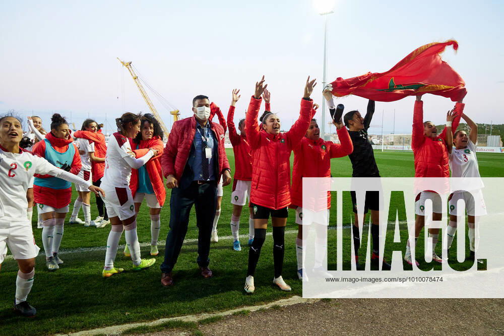 Morocco womens national soccer team players and officials celebrate winning the VisitMalta Women s International Trophy 2022 tournament after beating Moldova 4-0 in the final soccer match between Morocco and Moldova at the Tony Bezzina Stadium, Paola, Malta on 22 February 2022. Morocco v Moldova Womens VMW_22