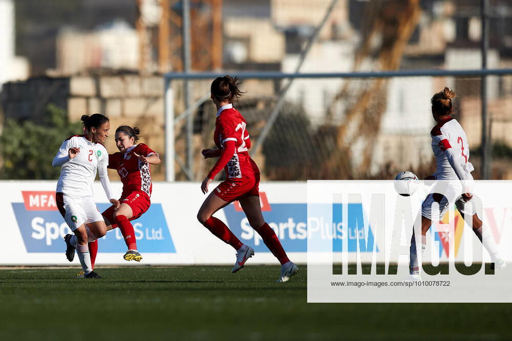 Morocco womens national soccer team player Zineb Redouani (L) during the VisitMalta Women s International Trophy 2022 tournament soccer match between Morocco and Moldova at the Tony Bezzina Stadium, Paola, Malta on 22 February 2022. Morocco beat Moldova 4-0 to win the tournament. Morocco v Moldova Womens VMW_22