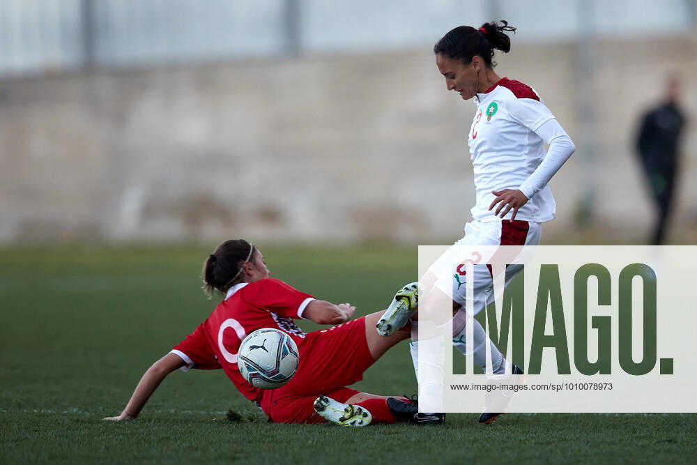 Morocco womens national soccer team player Zineb Redouani (R) during the VisitMalta Women s International Trophy 2022 tournament soccer match between Morocco and Moldova at the Tony Bezzina Stadium, Paola, Malta on 22 February 2022. Morocco beat Moldova 4-0 to win the tournament. Morocco v Moldova Womens VMW_22