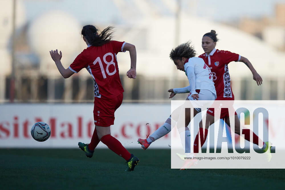 Morocco womens national soccer team player Sanaa Mssoudy (C0 shoots at goal during the VisitMalta Women s International Trophy 2022 tournament soccer match between Morocco and Moldova at the Tony Bezzina Stadium, Paola, Malta on 22 February 2022. Morocco beat Moldova 4-0 to win the tournament. Morocco v Moldova Womens VMW_22