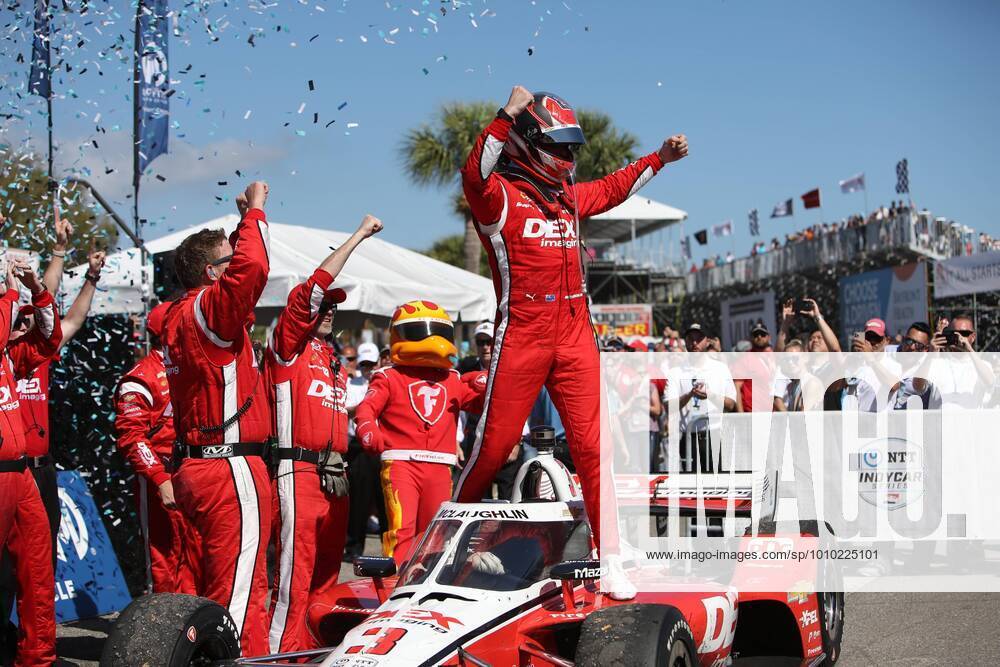 Scott McLaughlin celebrates with his team in Victory Circle after winning his first ever IndyCar, Indy Car, IRL, USA race at the Firestone Grand Prix of St. Petersburg on Sunday, Feb. 27, 2022 in St. Petersburg St. Petersburg USA - ZUMAs70_ 0152386223st