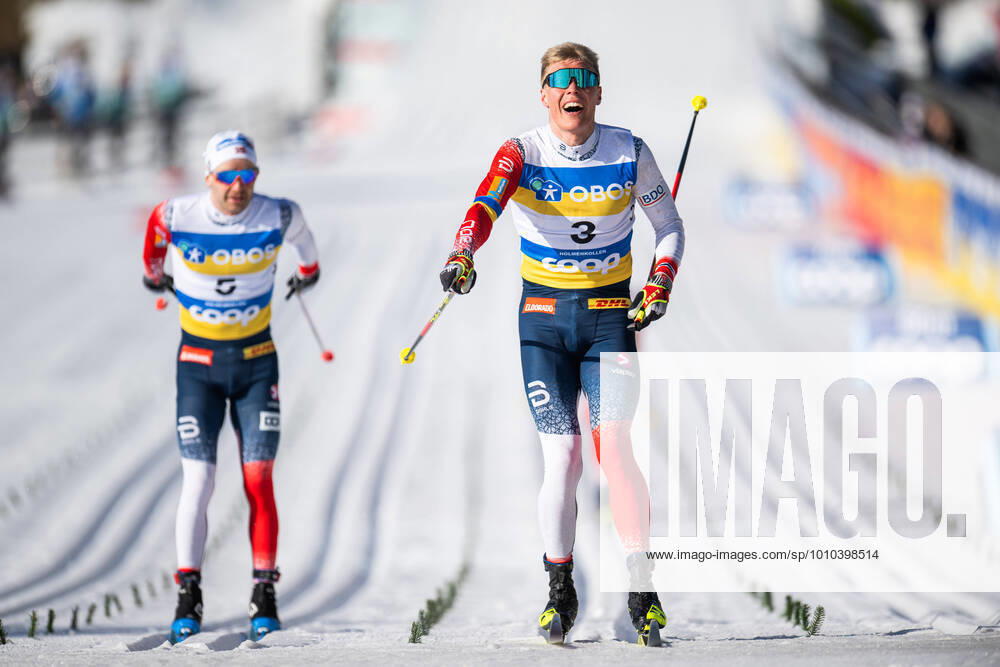 Martin Lowstrom Nyenget of Norway celebrates winning men?s 50 km classic technique mass start during the FIS Cross-Country World Cup on March 6, 2022 in Oslo. Photo: Jon Olav Nesvold BILDBYRAN COP 217 JE0049 skidor cross-country skiing langrenn fis world cup oslo holmenkollen men s 50 km bbeng norge norway jubel