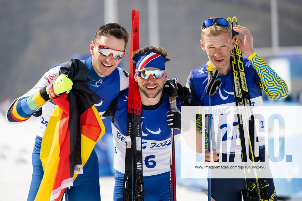 Marco Maier of Germany, Benjamin Daviet of France and Grygorii Vovchynskyi of Ukraine after competing in men s Sprint Free Technique Standing final during day 5 of the 2022 Winter Paralympic Games on March 9, 2022 in Zhangjiakou. Photo: Simon Hastegard BILDBYRAN kod SH SH0263 skidor cross-country skiing langrenn paralympic games paralympics paralympiska spel paralympiske leker vinter-paralympics peking peking 2022 beijing 2022 beijing 2022 paralympic games 5 bbeng depp jubel