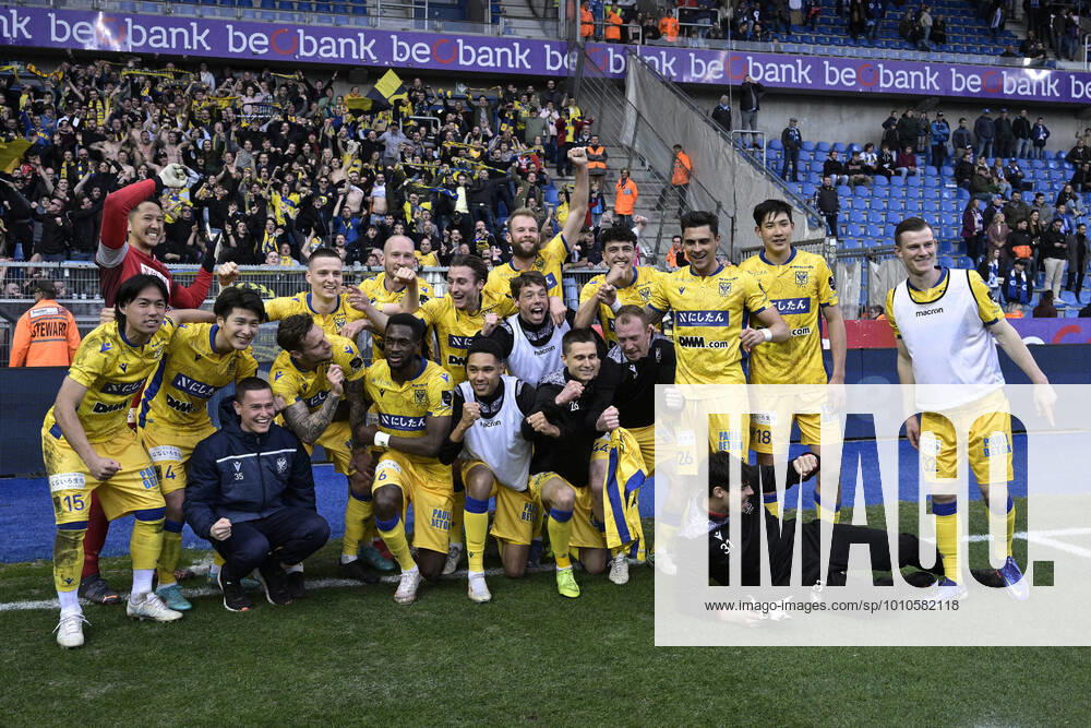 STVV s players celebrate after winning a soccer match between KRC Genk and Sint-Truidense VV, Sunday 13 March 2022 in Genk, on the day 31 of the 2021-2022 Jupiler Pro League first division of the Belgian championship. JOHANxEYCKENS x21326600x