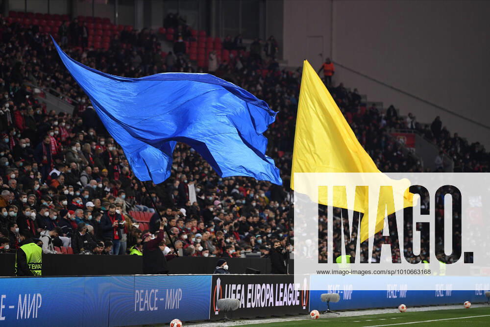 KW11 Leverkusen, Germany - 17 March 2022: Save Ukraine. The match of UEFA Europa League Bayer Leverkusen vs Atalanta Bergamo