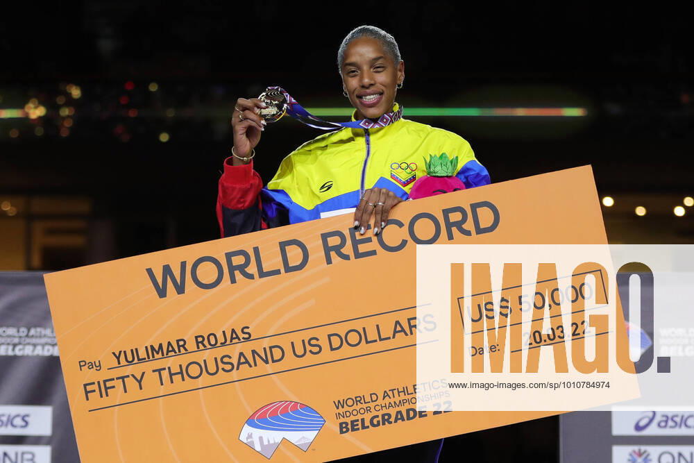 KW11 (220321) -- BELGRADE, March 21, 2022 -- Yulimar Rojas of Venezuela celebrates during the awarding ceremony for the Women s Triple Jump at the World Athletics Indoor Championships Belgrade 2022 in Stark Arena, Belgrade, Serbia, March 20, 2022. ) (SP)SERBIA-BELGRADE-WORLD ATHLETICS-INDOOR-CHAMPIONSHIPS-WOMEN S TRIPLE JUMP ZhengxHuansong