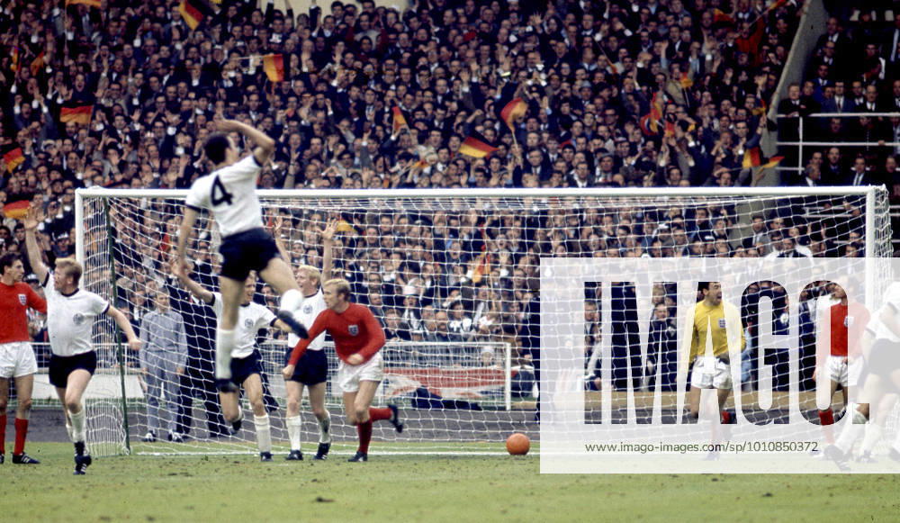 England v West Germany 1966 30 July 1966 - FIFA World Cup, WM, Weltmeisterschaft, Fussball Final - England v West Germany - German players, including Franz Beckenbauer (4), celebrate the late equalising goal by Weber (out of picture) - Bobby Moore and Gordon Banks appear to appeal for an infringement. Photo: Gerry Cranham Wembley UK