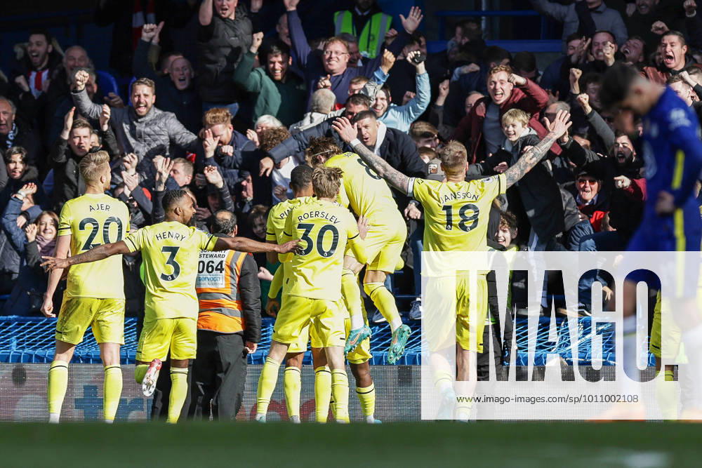 Chelsea v Brentford Premier League 02 04 2022. Goal 1-4 Yoane Wissa (11) of Brentford scores a goal and celebrates during the Premier League match between Chelsea and Brentford at Stamford Bridge, London, England on 2 April 2022. Editorial use only DataCo restrictions apply See www.football-dataco.com ,