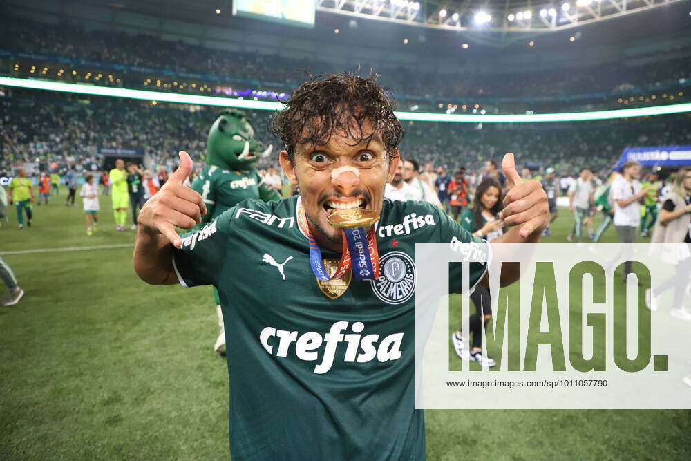 Palmeiras players celebrate the title of Champion Paulista 2022 after a 4-0 victory over Sao Paulo, in a soccer match held at Allianz Parque stadium, in Sao Paulo, on Sunday (3). Goals of the Palmeiras team were scored by Danilo, Ze Rafael and Raphael Veiga (twice).