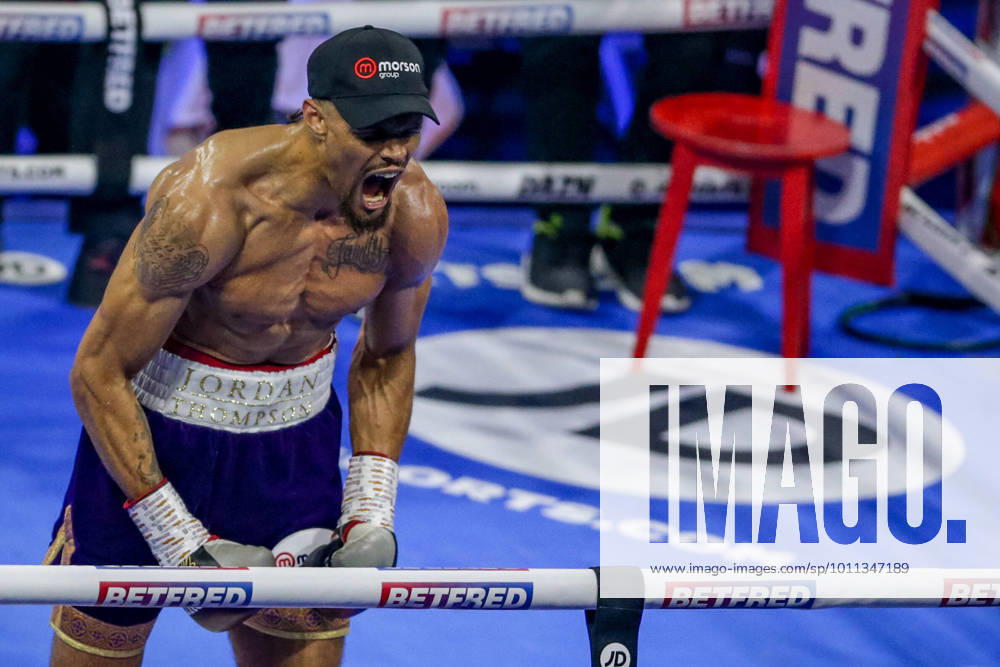 KW15 Boxing Benn vs Van Heerden Jordan Thompson celebrates after the Matchroom Boxing bout between Jordan Thompson and Angel Gudino at AO Arena, Manchester, United Kingdom on 16 April 2022. Manchester AO Arena Cumbria United Kingdom Editorial use only ,
