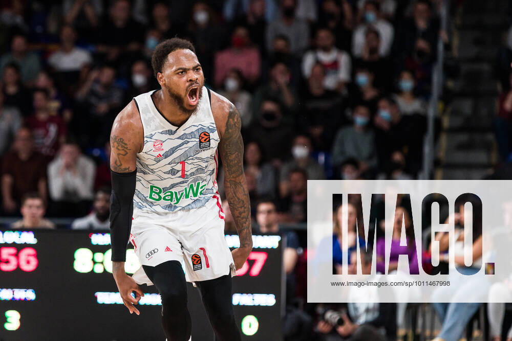 Deshaun Thomas of FC Bayern Munich celebrating a basket during the Turkish Airlines EuroLeague Play Off Game 2 match between FC Barcelona, Barca and FC Bayern Munich at Palau Blaugrana on April 21, 2022 in Barcelona, Spain. Barcelona Spain - ZUMAa181 20220421_zaa_a181_172