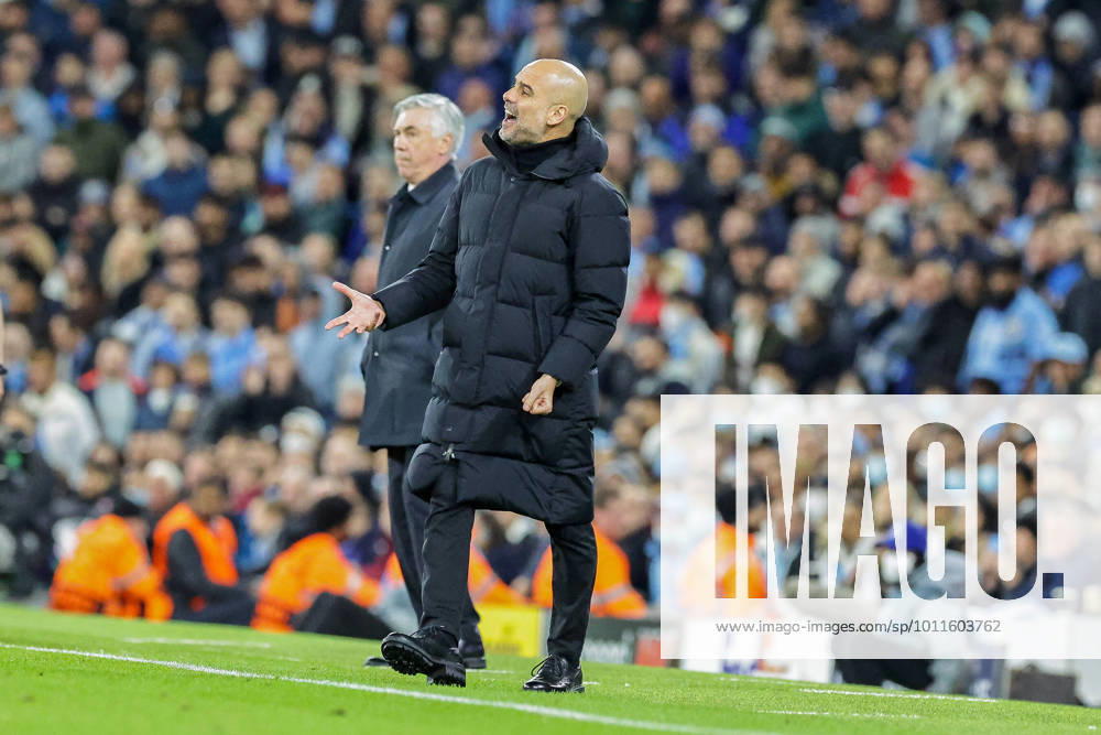 Manchester City v Real Madrid Champions League 26 04 2022. Pep Guardiola Manager of Manchester City during the Champions League match between Manchester City and Real Madrid at the Etihad Stadium, Manchester, England on 26 April 2022. Editorial use only ,