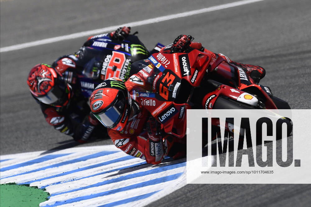 KW17 MotoGP Of Spain - Race Francesco Bagnaia (63) of Italy and Ducati Lenovo Team Ducati and Fabio Quartararo (20) of France and Monster Energy Yamaha MotoGP during the race of the Gran Premio Red Bull of Spain at Circuito de Jerez - Angel Nieto on May 1, 2022 in Jerez de la Frontera, Spain. Jerez de la Frontera Cadiz Spain