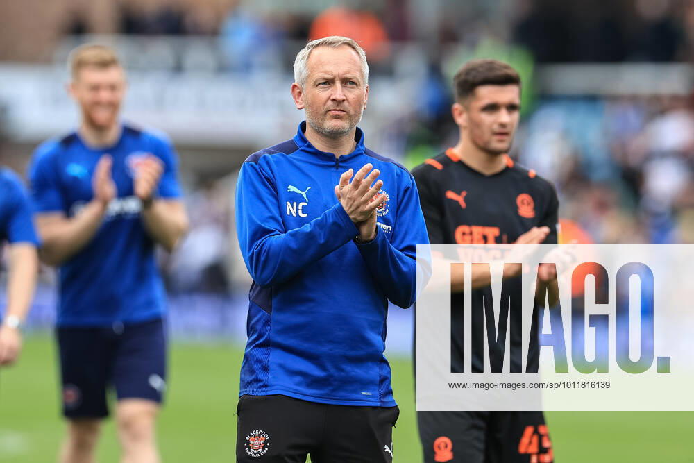 Sky Bet Championship Peterborough v Blackpool Neil Critchley head coach of Blackpool applauds the traveling fans Peterborough Weston Homes Stadium Cambridgeshire United Kingdom
